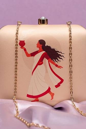 Traditional bengali dancer portrait printed clutch bag for women with detachable strap
