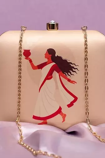 Traditional bengali dancer portrait printed clutch bag for women with detachable strap
