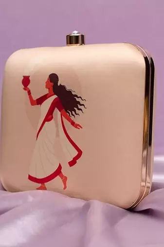 Traditional bengali dancer portrait printed clutch bag for women with detachable strap