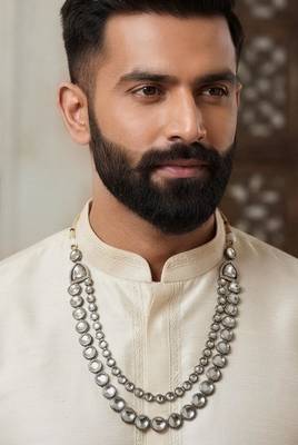 White antique gold-plated agate stone  kundan dula mala Men Jewellery 1