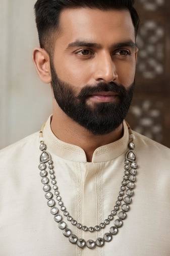 White antique gold-plated agate stone  kundan dula mala Men Jewellery