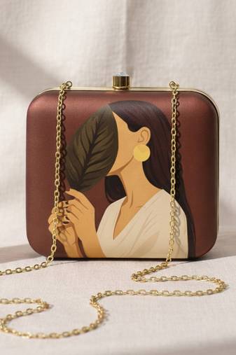 Dark brown based asthetic girl portrait printed clutch bag for women with detachable strap