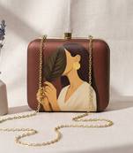 Dark brown based asthetic girl portrait printed clutch bag for women with detachable strap
