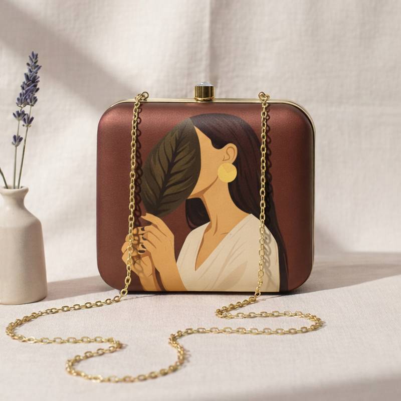 Dark brown based asthetic girl portrait printed clutch bag for women with detachable strap