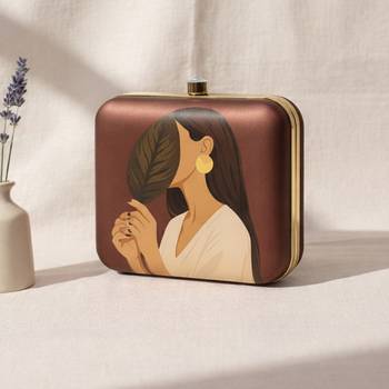 Dark brown based asthetic girl portrait printed clutch bag for women with detachable strap 2