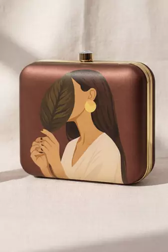 Dark brown based asthetic girl portrait printed clutch bag for women with detachable strap