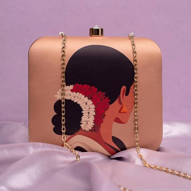 Indian woman with gajra printed clutch for women with detachable strap