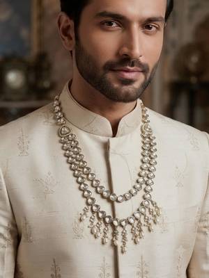 White antique gold-plated agate stone kundan dula mala Men Jewellery 1