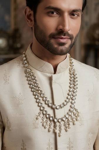 White antique gold-plated agate stone kundan dula mala Men Jewellery