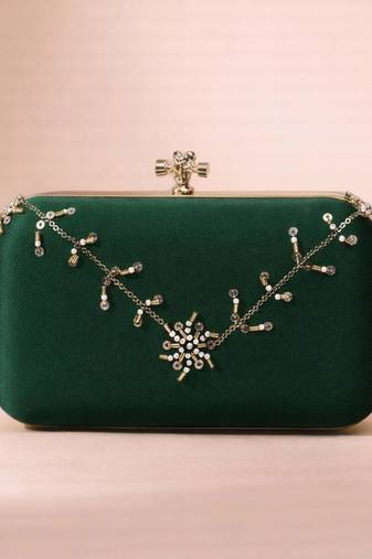 Dark green based floral sequins embrodiery clutch bag for women with detachable strap