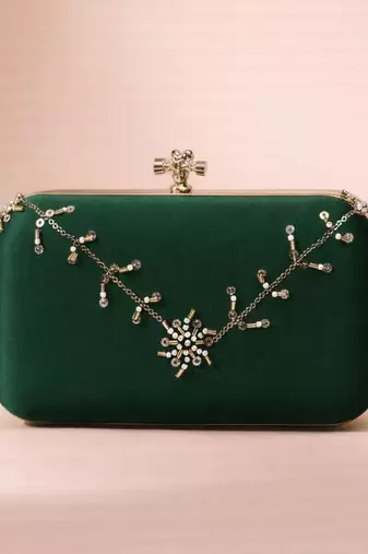Dark green based floral sequins embrodiery clutch bag for women with detachable strap