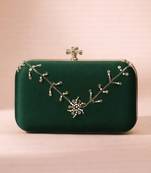 Dark green based floral sequins embrodiery clutch bag for women with detachable strap