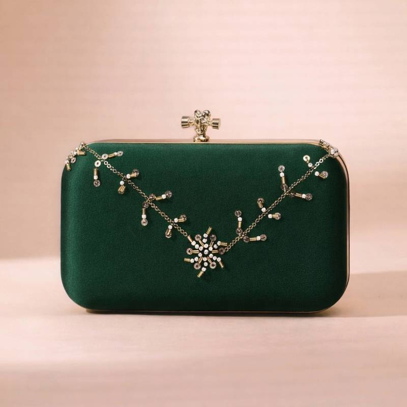 Dark green based floral sequins embrodiery clutch bag for women with detachable strap