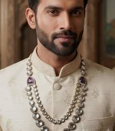 Purple antique gold-plated agate stone kundan dula mala Men Jewellery