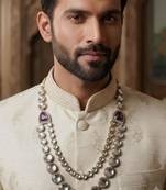Purple antique gold-plated agate stone kundan dula mala Men Jewellery