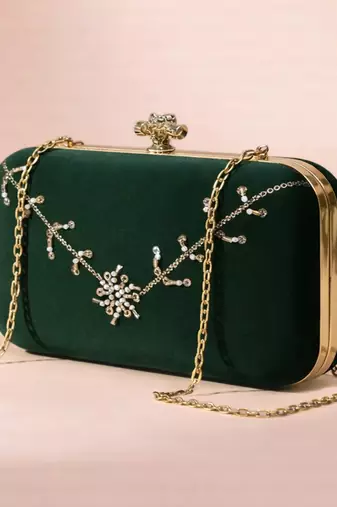 Dark green based floral sequins embrodiery clutch bag for women with detachable strap