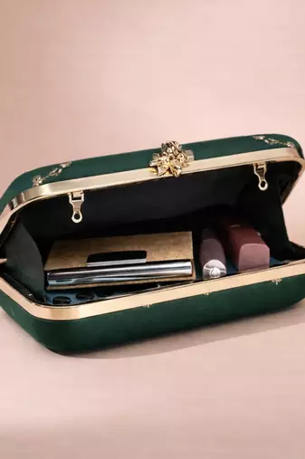 Dark green based floral sequins embrodiery clutch bag for women with detachable strap