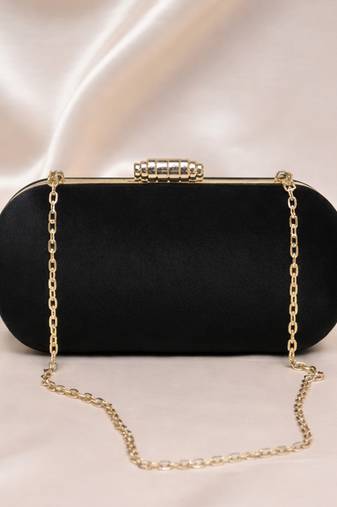 Black based plain velvet fabric clutch bag for women with detachable strap