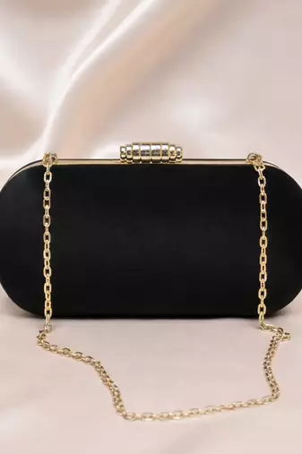 Black based plain velvet fabric clutch bag for women with detachable strap