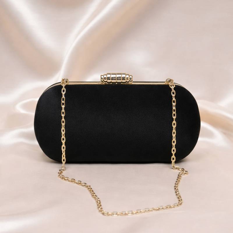 Black based plain velvet fabric clutch bag for women with detachable strap