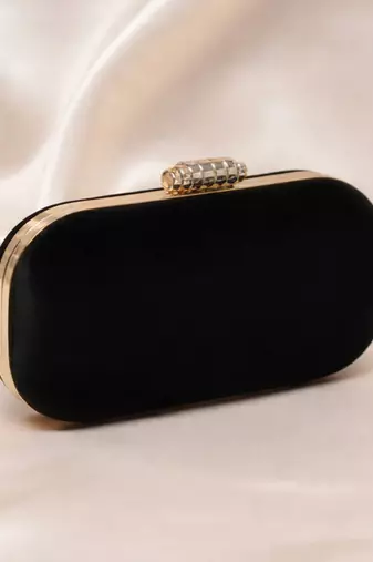 Black based plain velvet fabric clutch bag for women with detachable strap