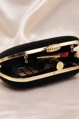 Black based plain velvet fabric clutch bag for women with detachable strap