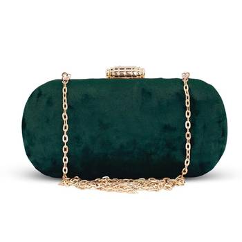 Dark green based plain velvet fabric clutch bag for women with detachable strap 1