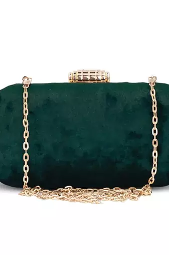 Dark green based plain velvet fabric clutch bag for women with detachable strap