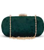 Dark green based plain velvet fabric clutch bag for women with detachable strap