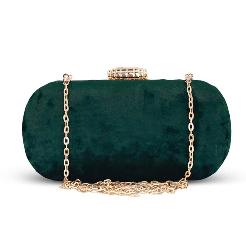Dark green based plain velvet fabric clutch bag for women with detachable strap