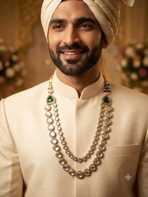 Green antique gold-plated agate stone kundan dula mala Men Jewellery 1