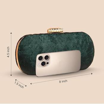 Dark green based plain velvet fabric clutch bag for women with detachable strap 2