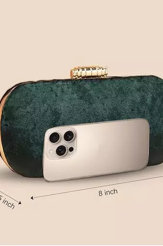 Dark green based plain velvet fabric clutch bag for women with detachable strap
