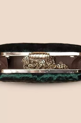 Dark green based plain velvet fabric clutch bag for women with detachable strap