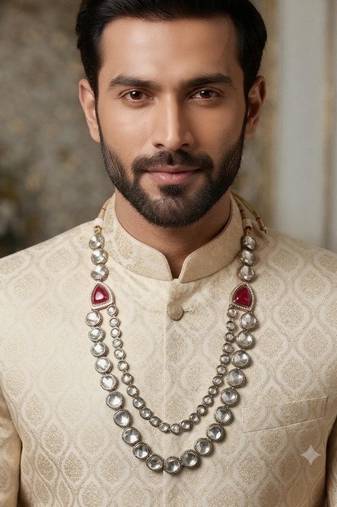 Maroon antique gold-plated agate stone kundan dula mala Men Jewellery