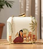 Vintage courtyard printed clutch bag for women with detachable strap