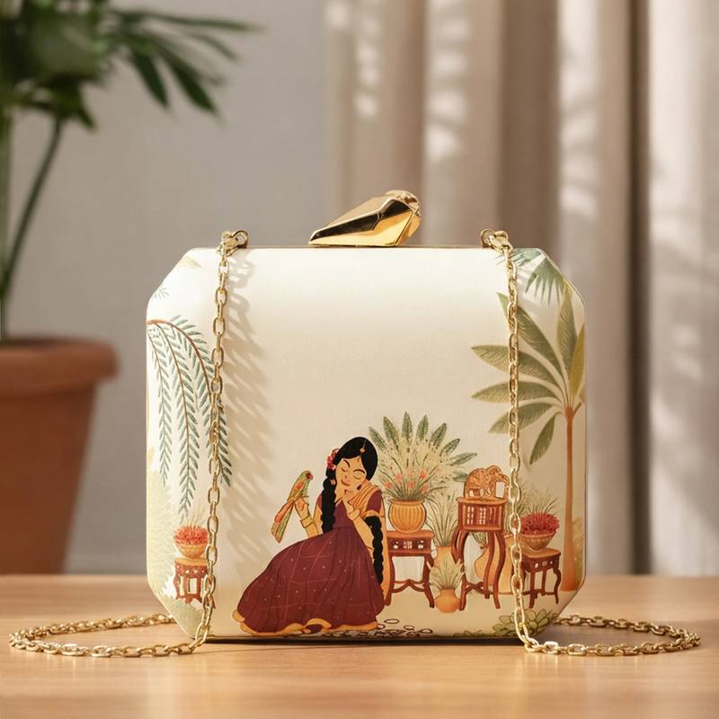 Vintage courtyard printed clutch bag for women with detachable strap