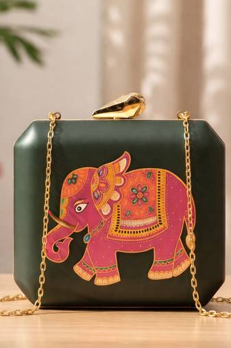 Royal elephant printed clutch bag for women with detachable strap