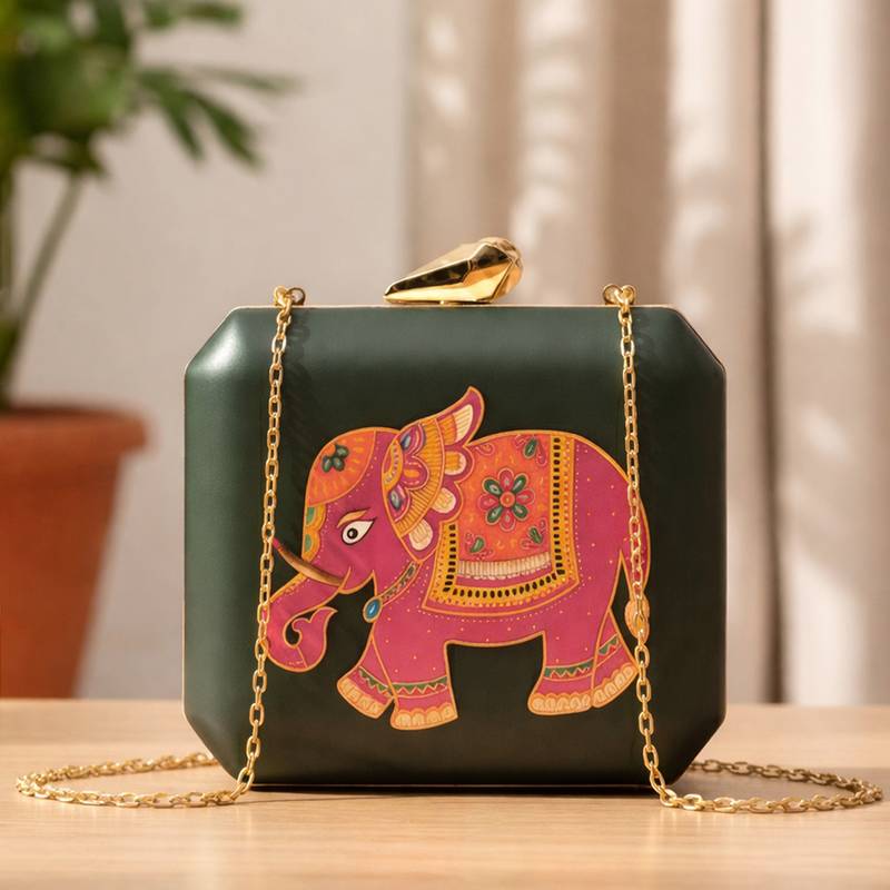 Royal elephant printed clutch bag for women with detachable strap