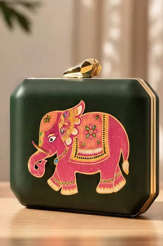 Royal elephant printed clutch bag for women with detachable strap