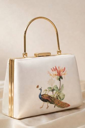 Peacock with flower printed clutch bag for women with detachable strap for women