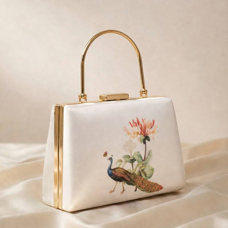 Peacock with flower printed clutch bag for women with detachable strap for women