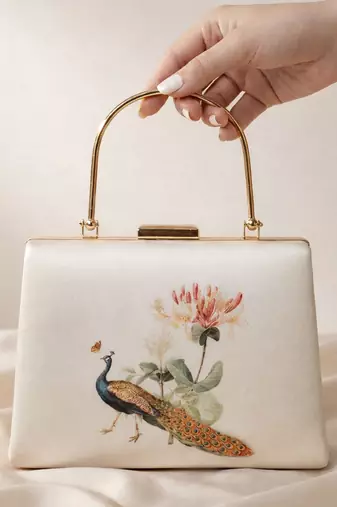 Peacock with flower printed clutch bag for women with detachable strap for women
