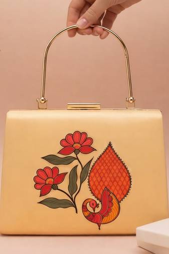 Madhubani peacock printed clutch bag for women with detachable strap