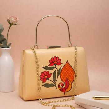Madhubani peacock printed clutch bag for women with detachable strap 2