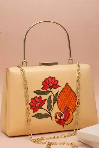 Madhubani peacock printed clutch bag for women with detachable strap