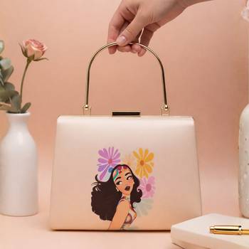 Multicolored flowers with girl printed clutch bag for women with detachable strap 1