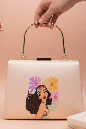 Multicolored flowers with girl printed clutch bag for women with detachable strap