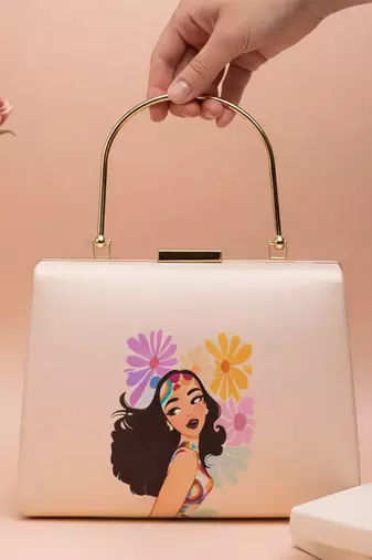 Multicolored flowers with girl printed clutch bag for women with detachable strap