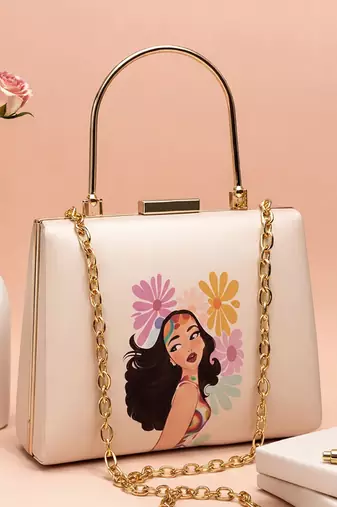 Multicolored flowers with girl printed clutch bag for women with detachable strap